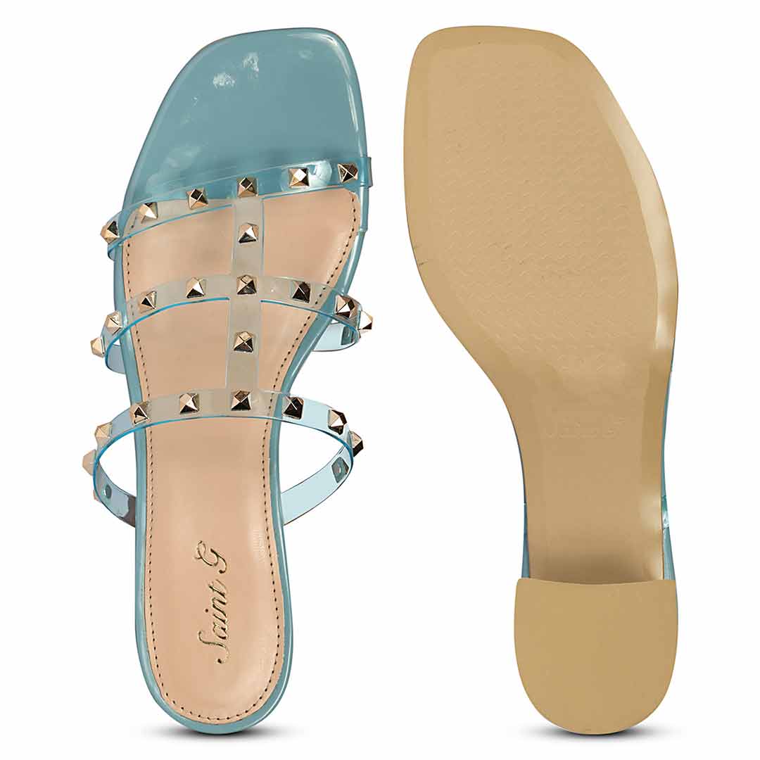 Saint Mavis Gold Studs Blue Block Heels