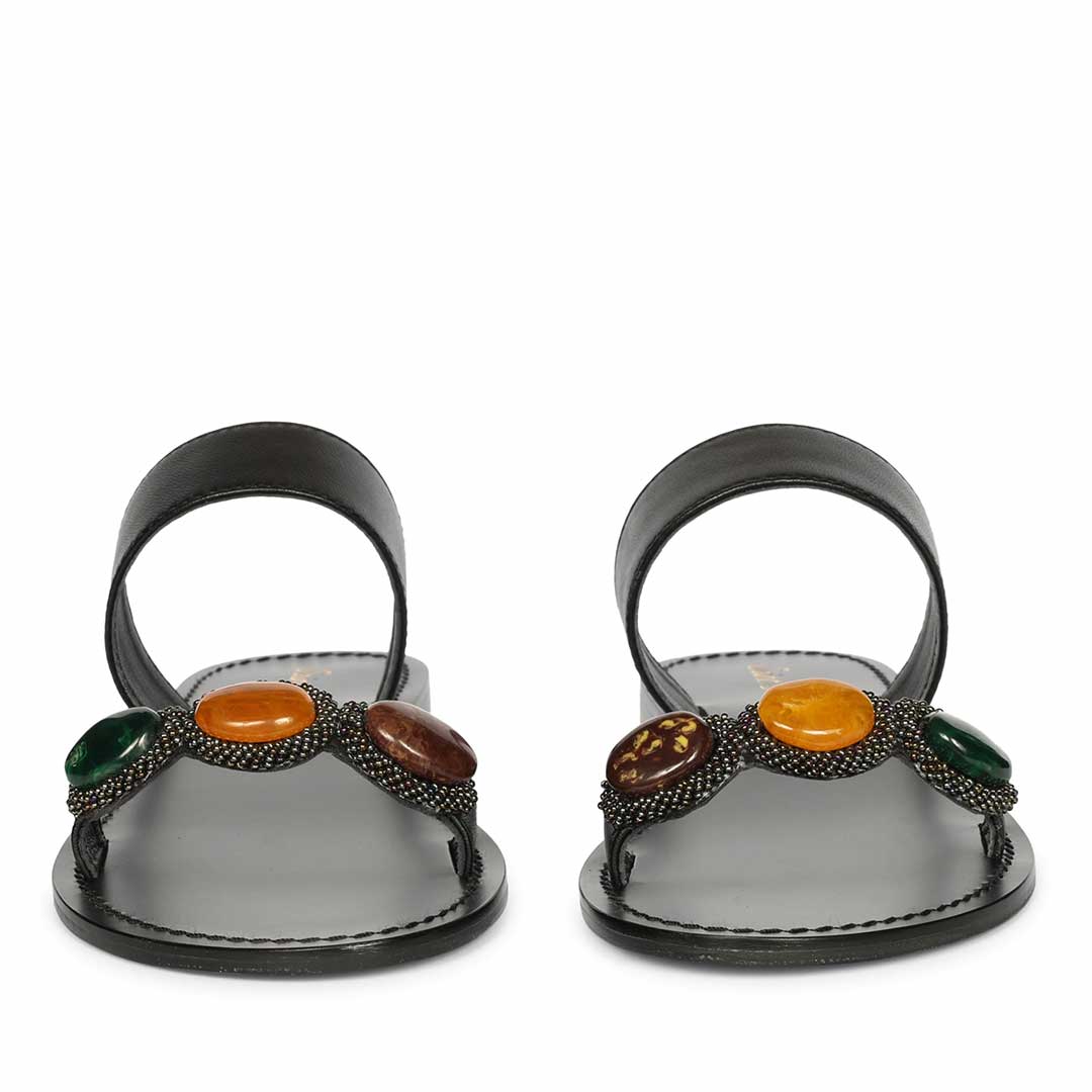 Saint Eva Multi Stone Adorned Black Leather Flats
