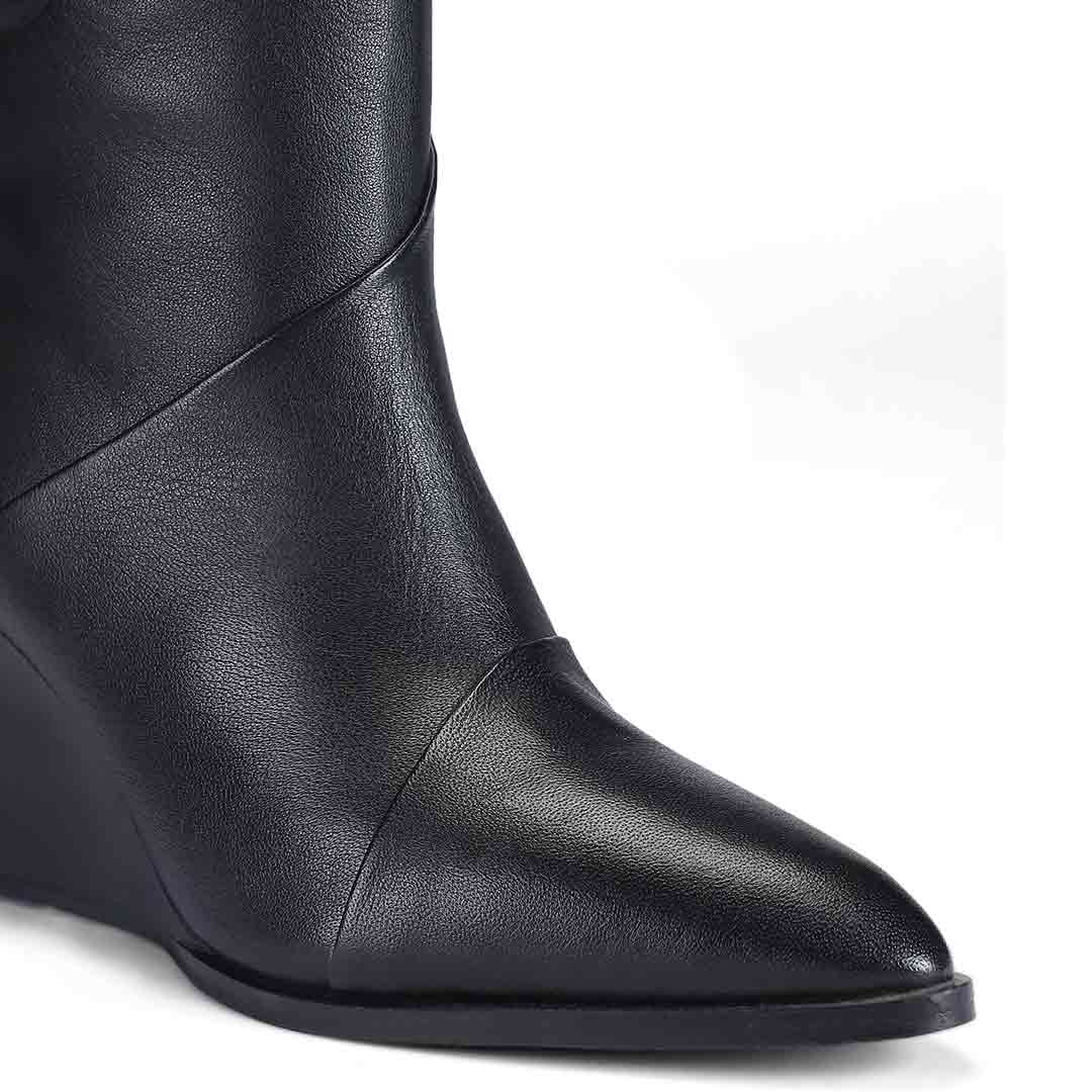 Saint Novara Folded Black Leather Wedge Long Boots