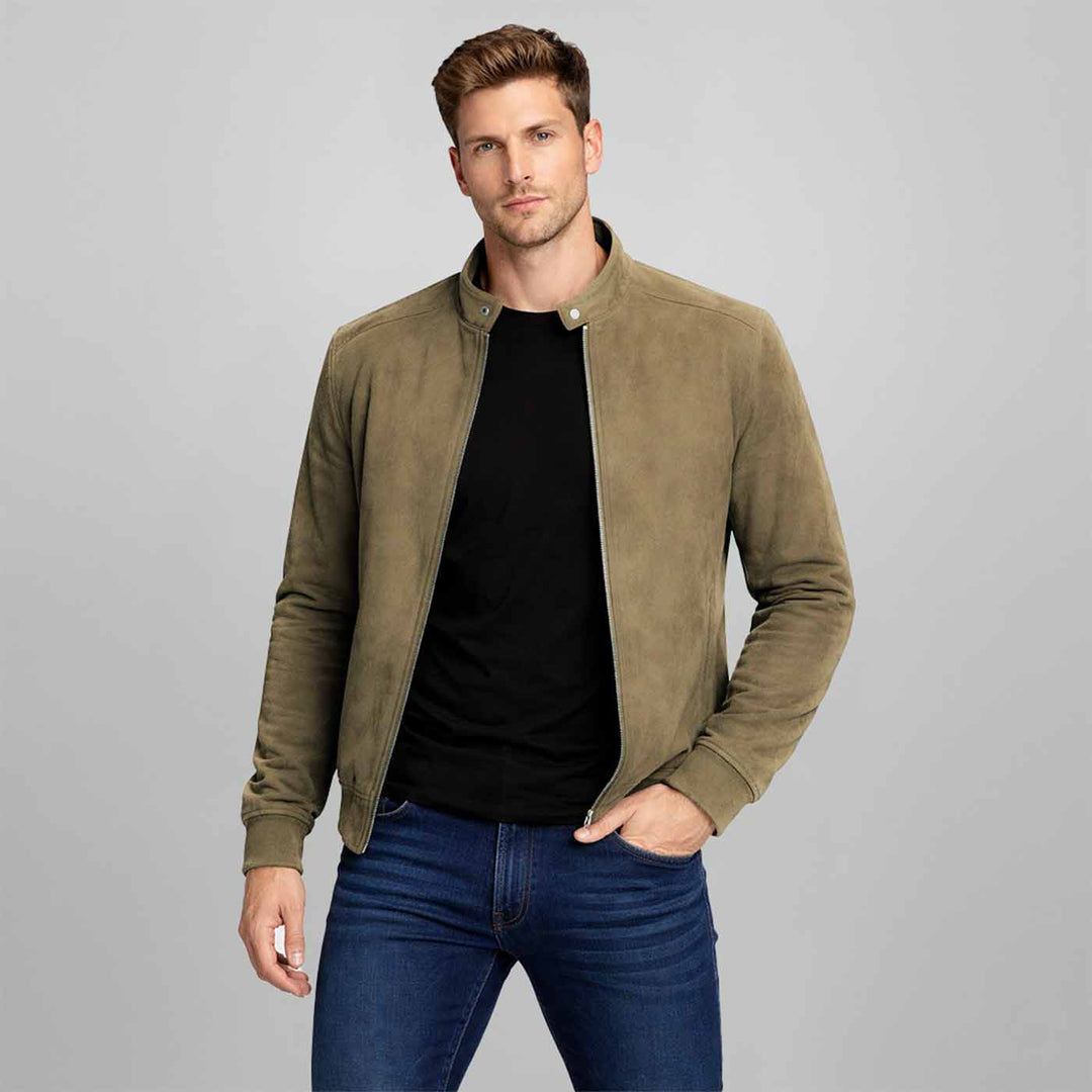 Saint Freya Olive Suede Leather Men's Bomber Style Jackets