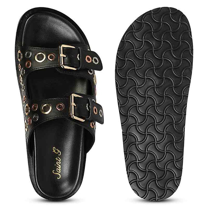 Saint Grethe Eyelets Black Leather Footbed Sandals