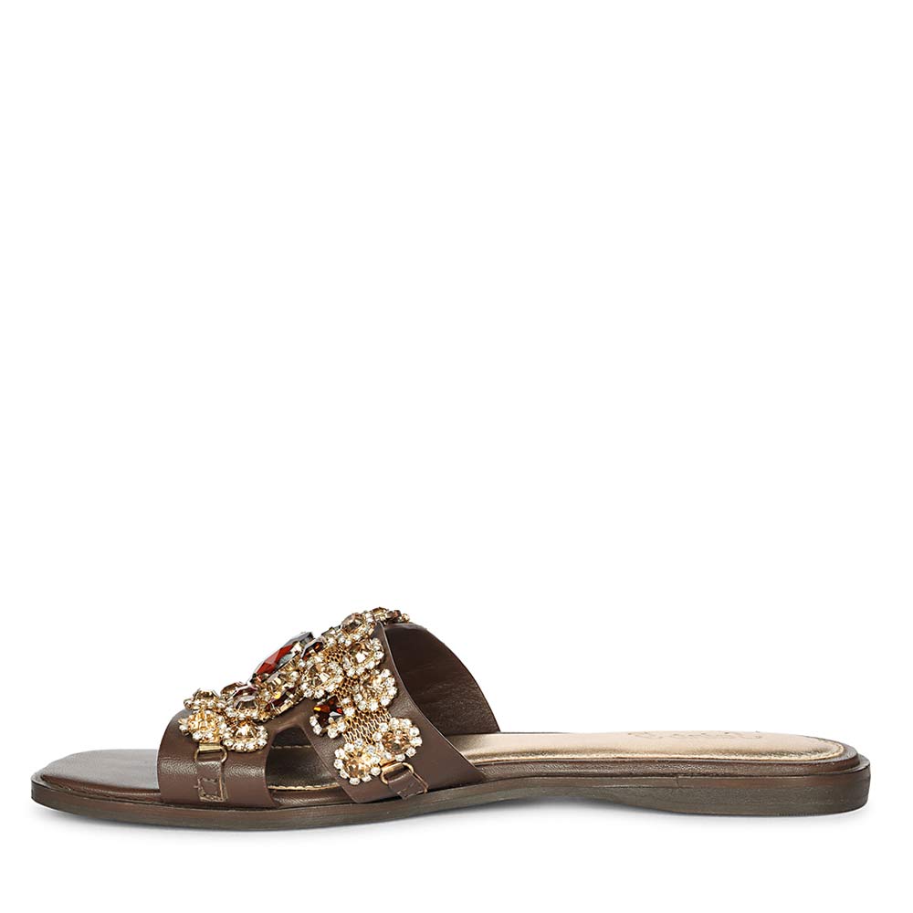 Saint Eileen Embroidered Stone Brown Leather Slides