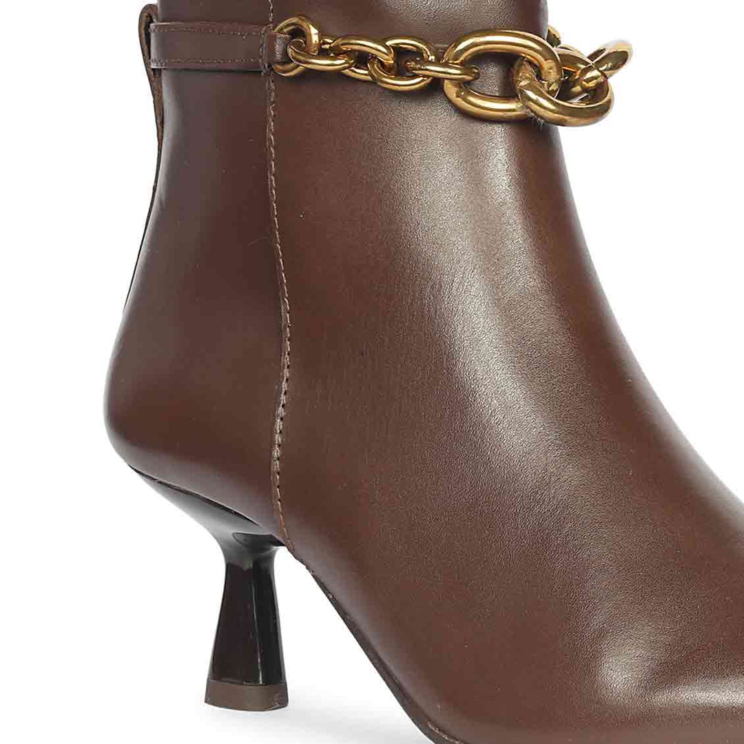 Saint Peony Chain Embellished Brown Leather Ankle boots