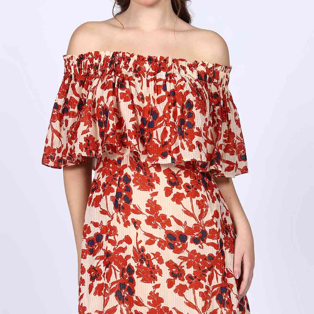 Saint Scarlett Ivory Red Off-Shoulder Midi Dress