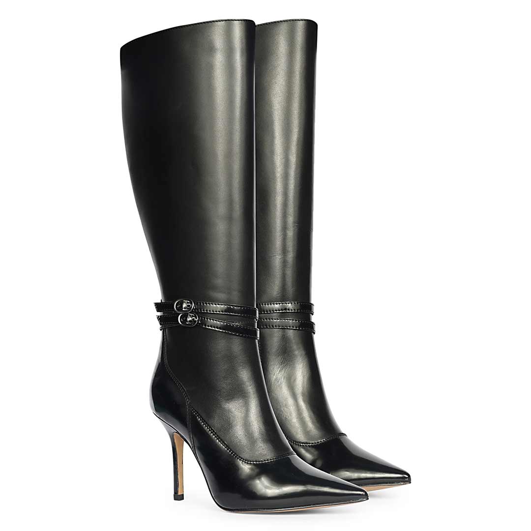 Saint Rey Buckle Decor Black Leather Long Boots