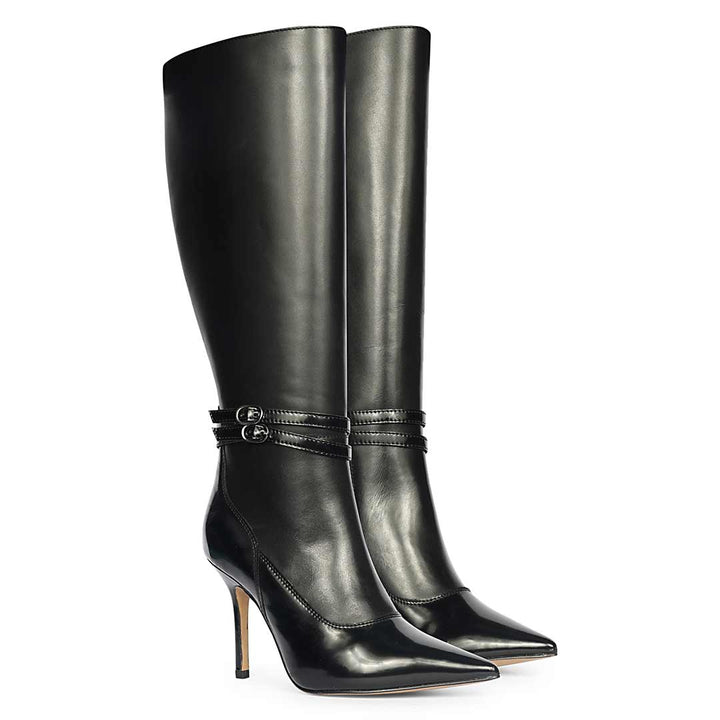 Saint Rey Buckle Decor Black Leather Long Boots