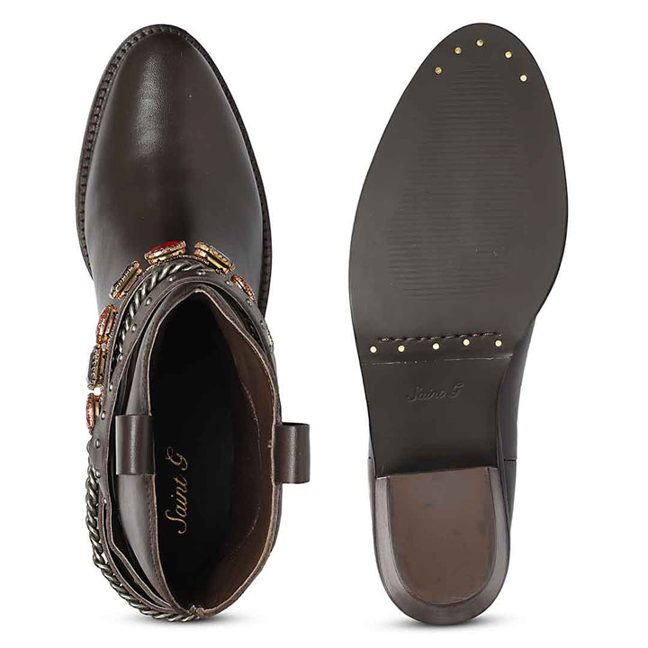Saint Louanne Brown Leather Rhinestone Studded Décor Boots