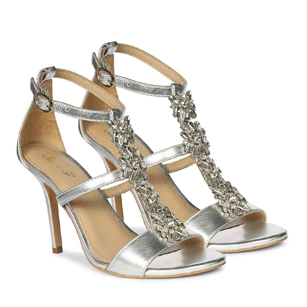 Saint Sydney Crystal Stone Metallic Silver Leather Stilettos