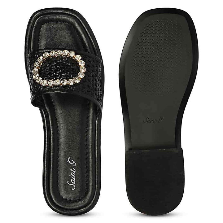 Saint Carly Black Woven Leather Crystal Buckle Slide