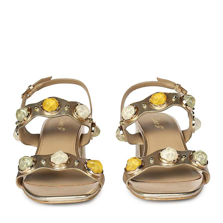 Saint Solira Multi-Stone Metallic Gold Leather Block Heels