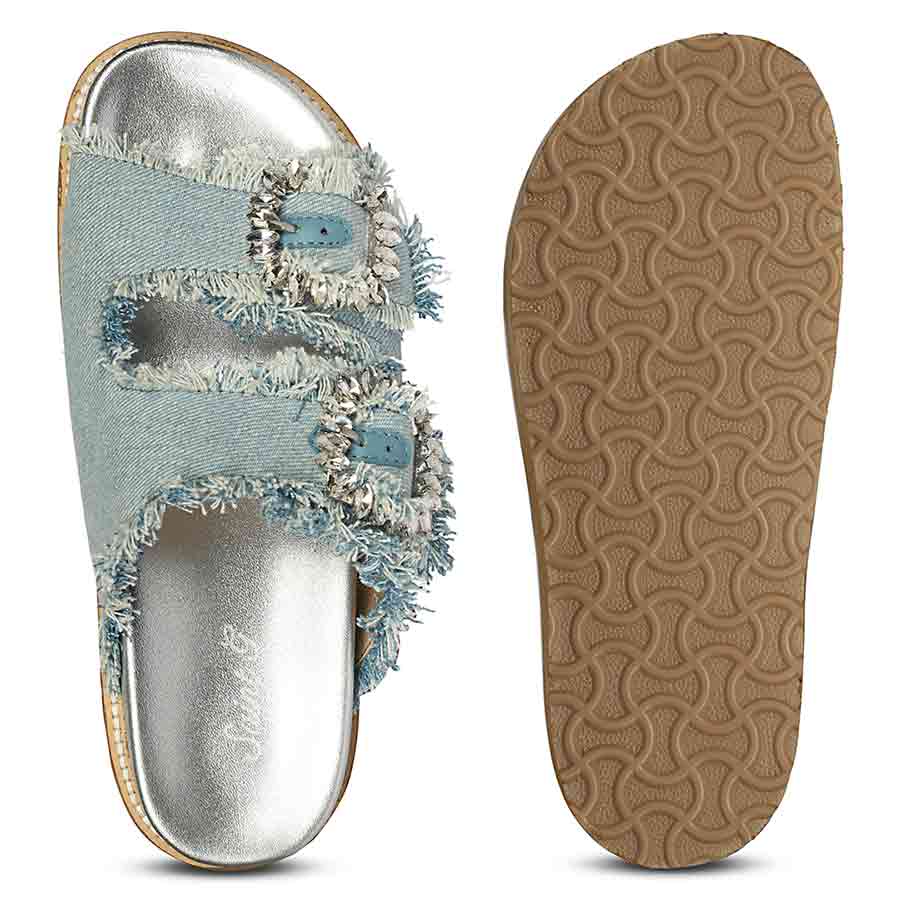 Saint Riviera Crystal Buckle Sky Denim Footbed Sandals