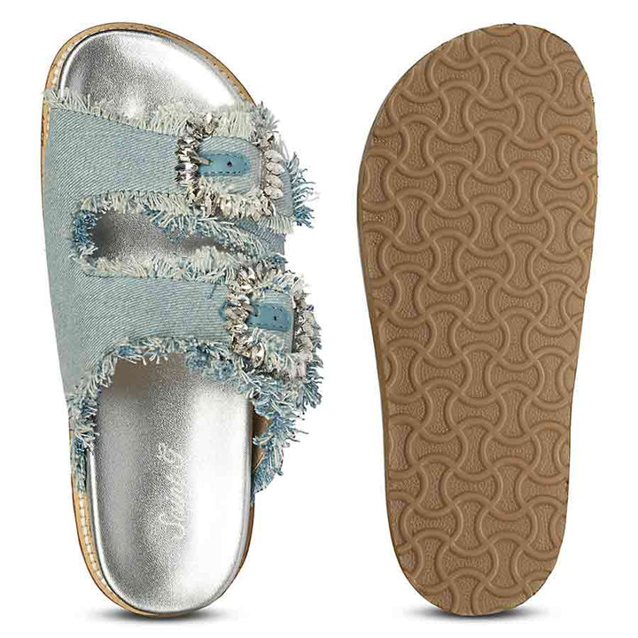 Saint Riviera Crystal Buckle Sky Denim Footbed Sandals