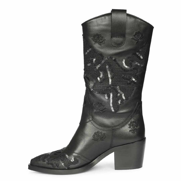 Saint Chloe Black Suede Leather Western Boots