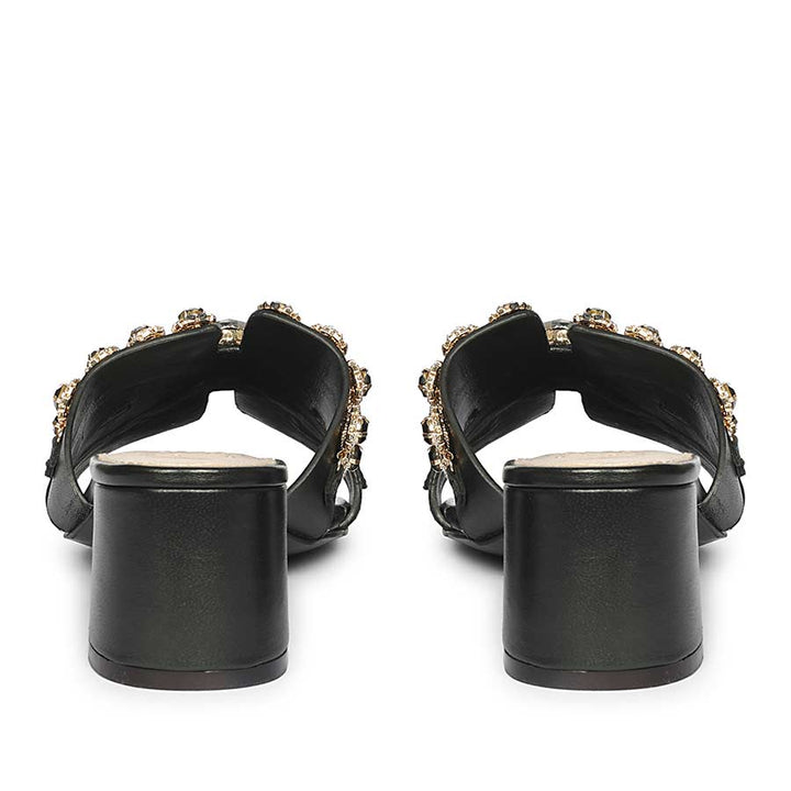 Saint Fiorenza Stone Embroidered Black Leather Block Heels