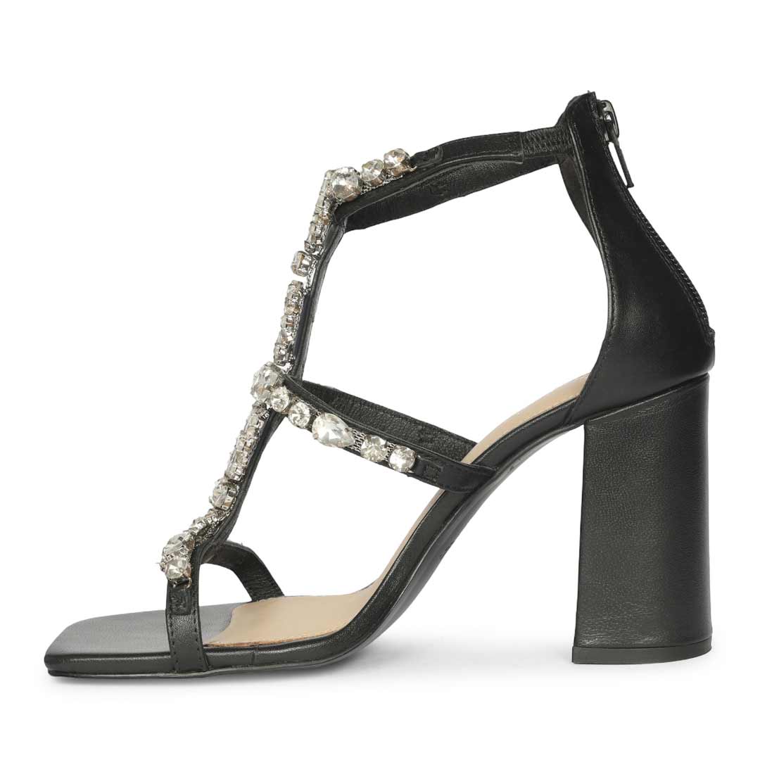 Saint Holly Crystal Stone Black Leather Block Heels