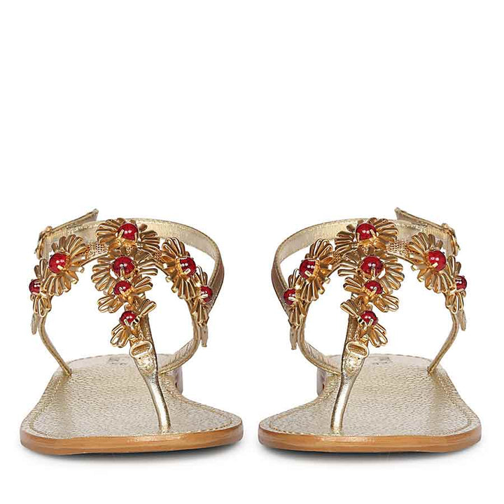 Saint Freesia Red Flower Gold Leather Sandals
