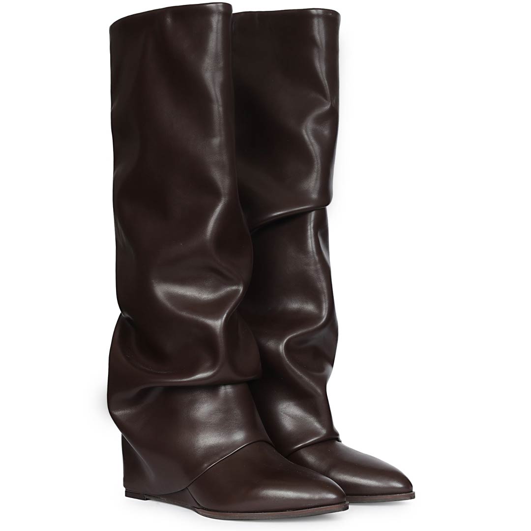 Saint Brown Leather Wedge Long Boots