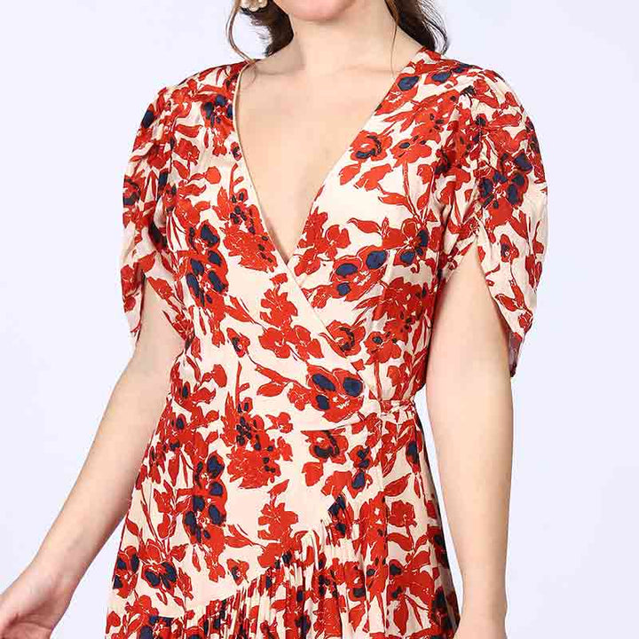 Saint Giselle Ivory Red Deep V-Neck Viscose Dress