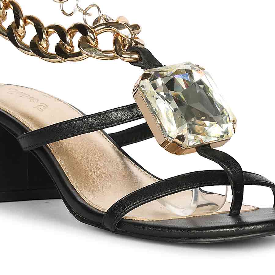 Saint Gaelle Black Leather Crystal Chain Block Heels