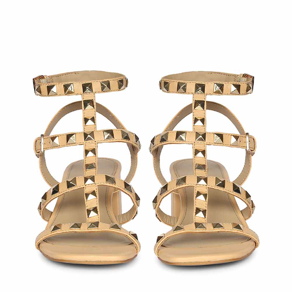 Saint Angela Gold Metal Double Buckle Porcini Block Heels
