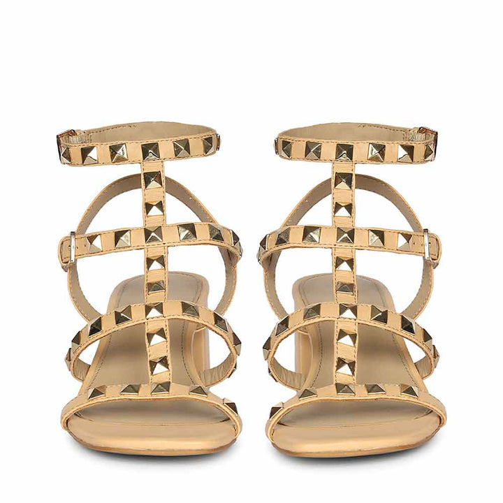 Saint Angela Gold Metal Double Buckle Porcini Block Heels