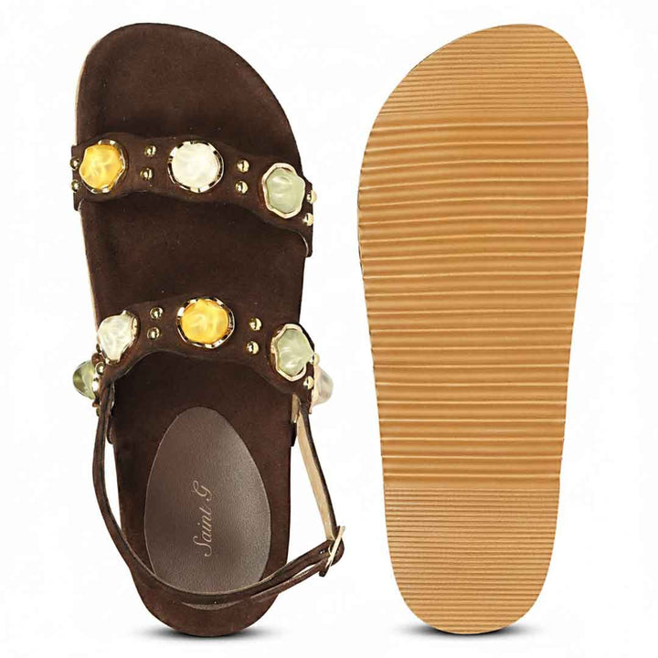 Saint Solira Multi Trim Brown Suede Leather Footbed Sandals