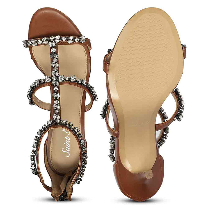 Saint Ella Stone Embellished Cognac Strappy Leather Stilettos