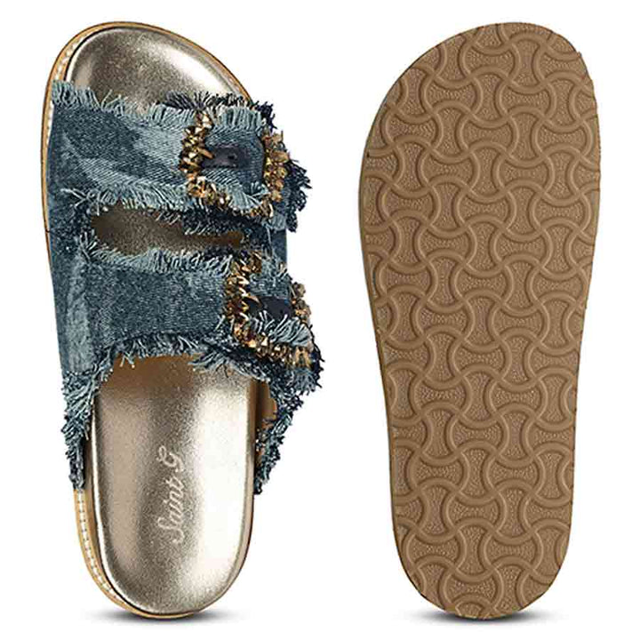 Saint Riviera Crystal Buckle Blue Denim Footbed Sandals