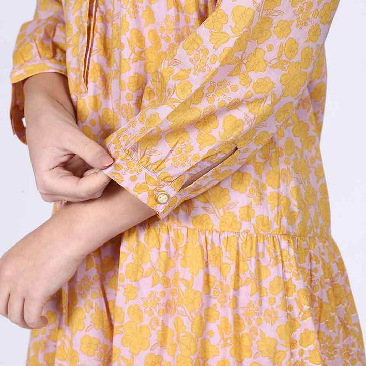 Saint Valentina Yellow Multicolour Tiered Cotton Maxi Dress