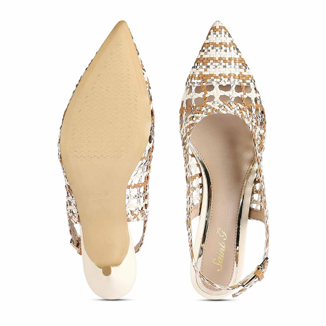 Saint Tamia Tan & Gold Hand Woven Leather Pumps