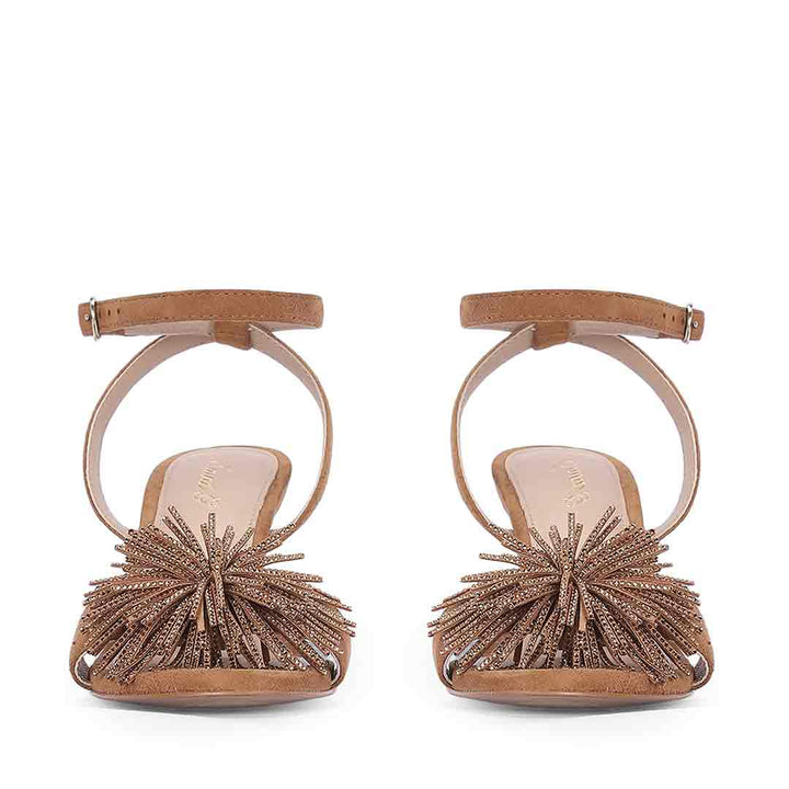 Saint Liora Tan Suede Leather Fringe Stilettos