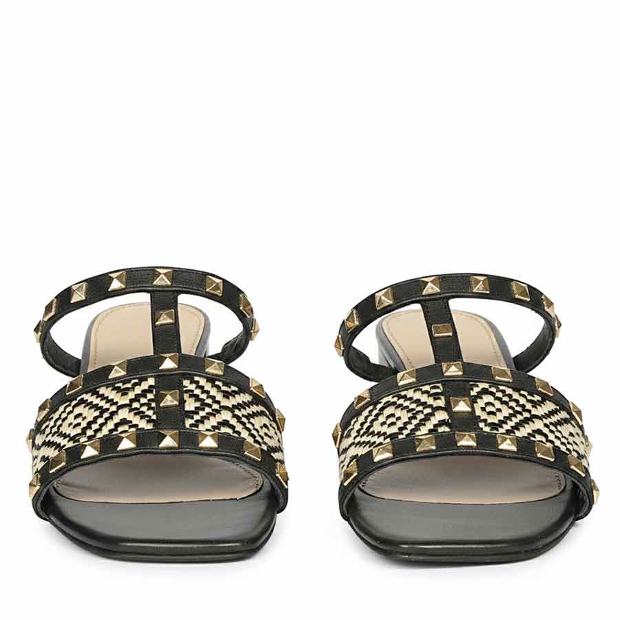 Saint Zafira Pyramid Stud Raffia Black Leather Block Heels