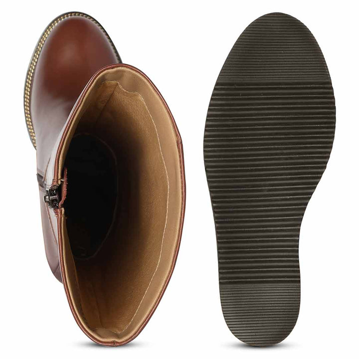 A brown leather boot shown from two angles: a side view displaying the interior with a zipper and tan lining, and a top-down view showing the ribbed black sole.