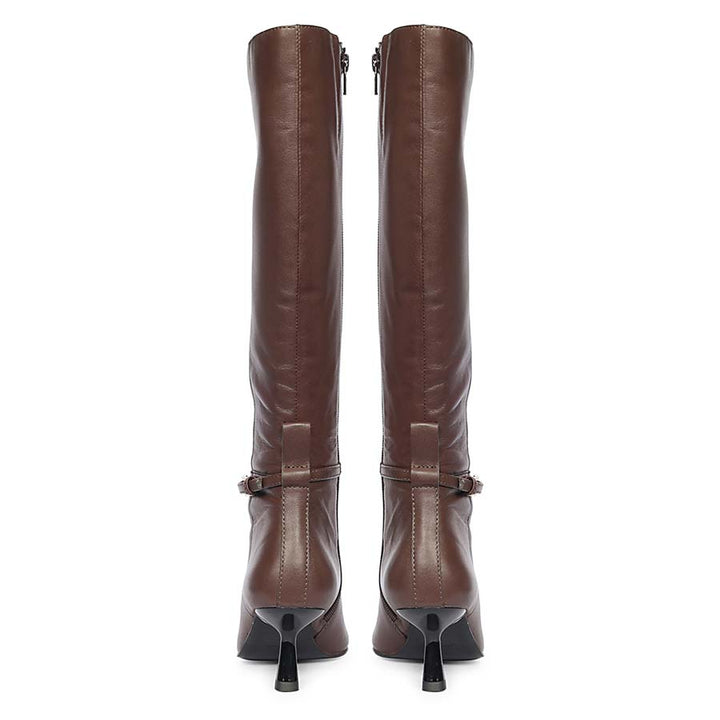 Saint Elara Buckle Embellished Brown Leather Long Boots