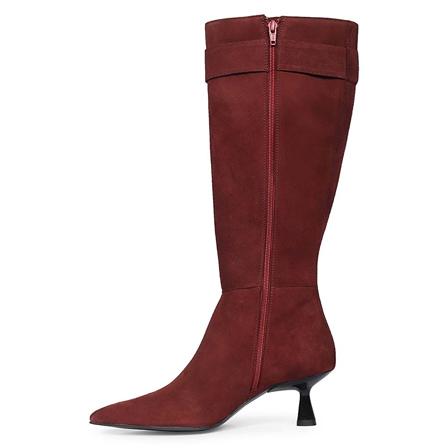 Saint Valeria Crystal Buckle Bordo Suede Leather Long Boots
