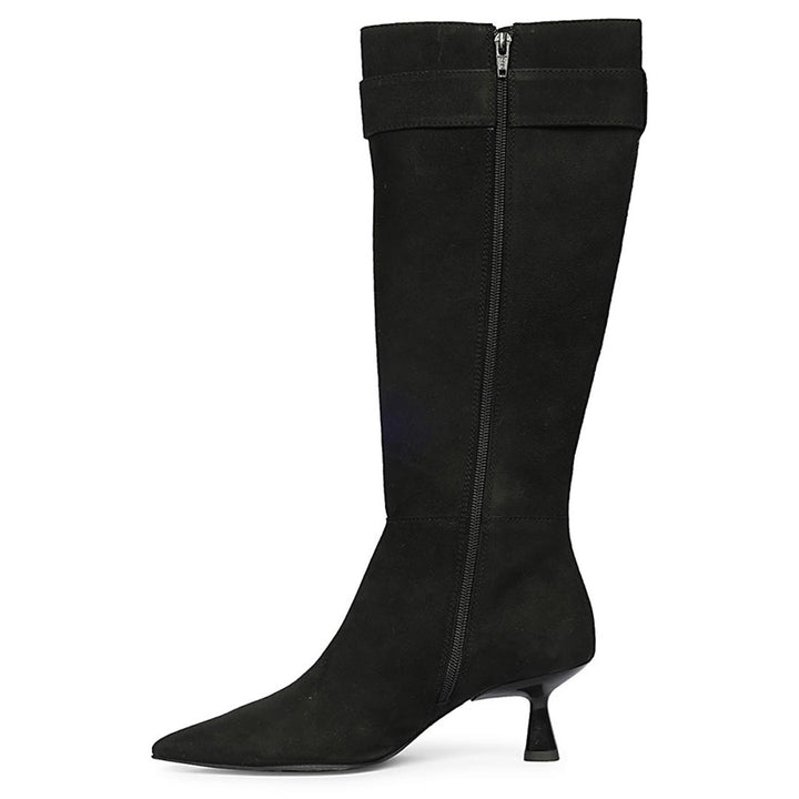 Saint Valeria Crystal Buckle Black Suede Leather Long Boots