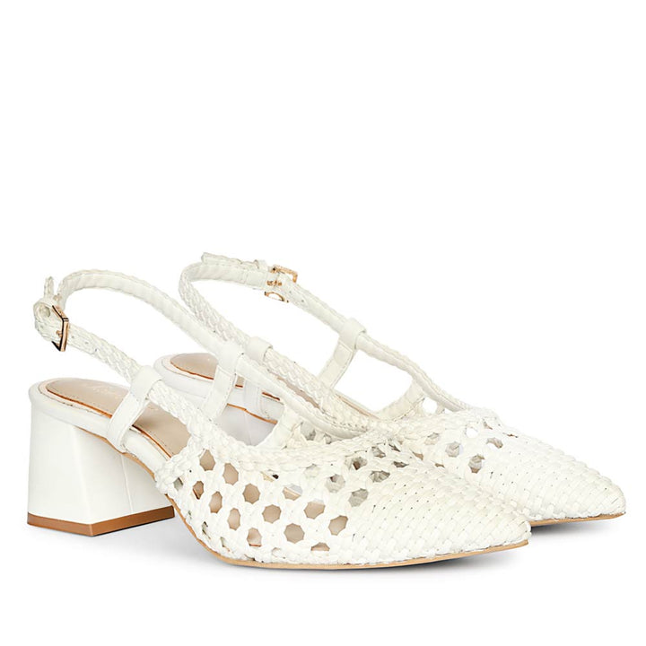 Saint White Woven Leather Block Heel