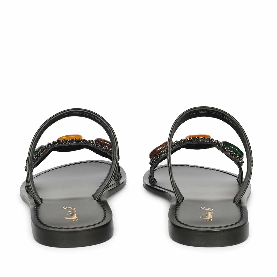 Saint Eva Multi Stone Adorned Black Leather Flats