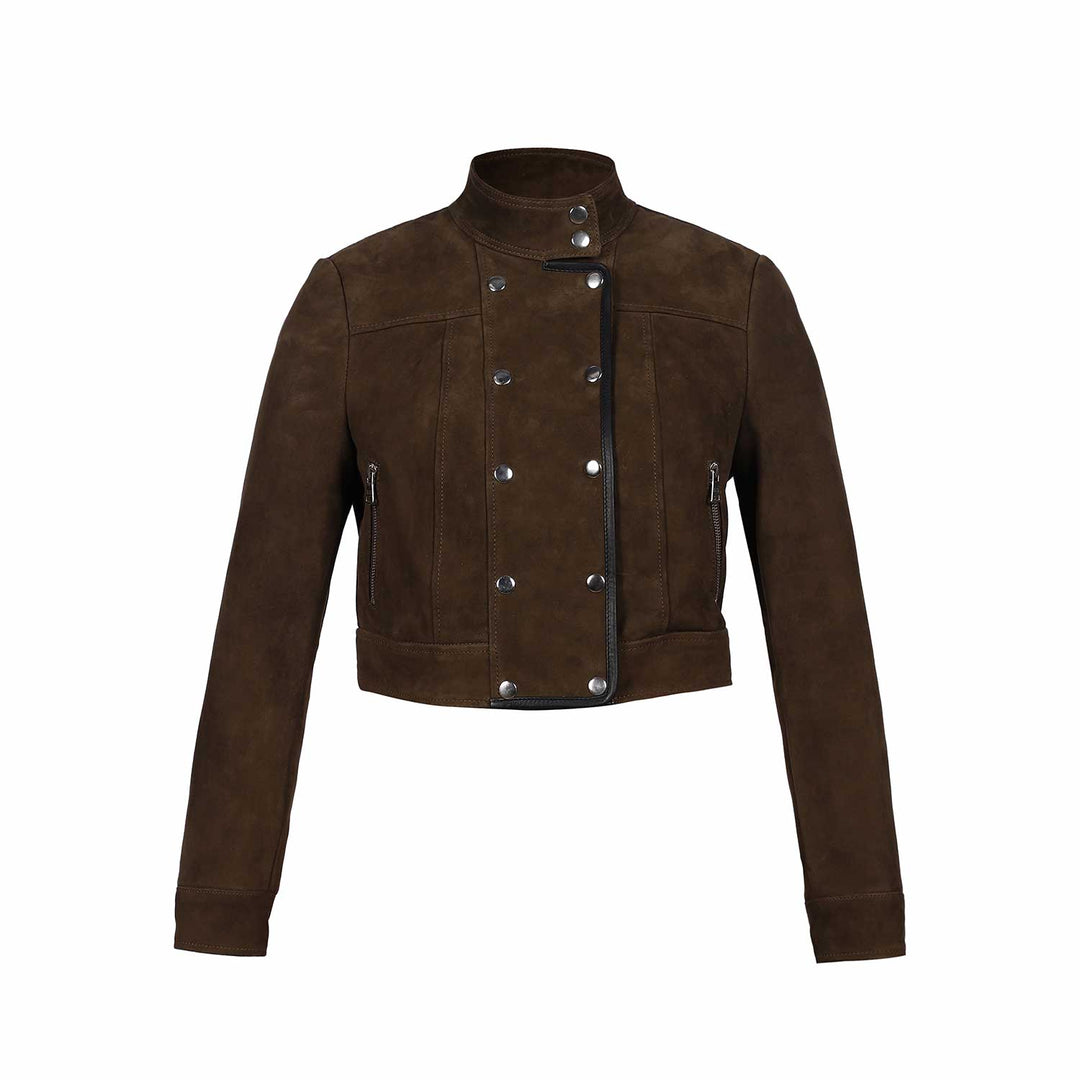 Saint Alora Olive Suede Leather Women Collar Jackets