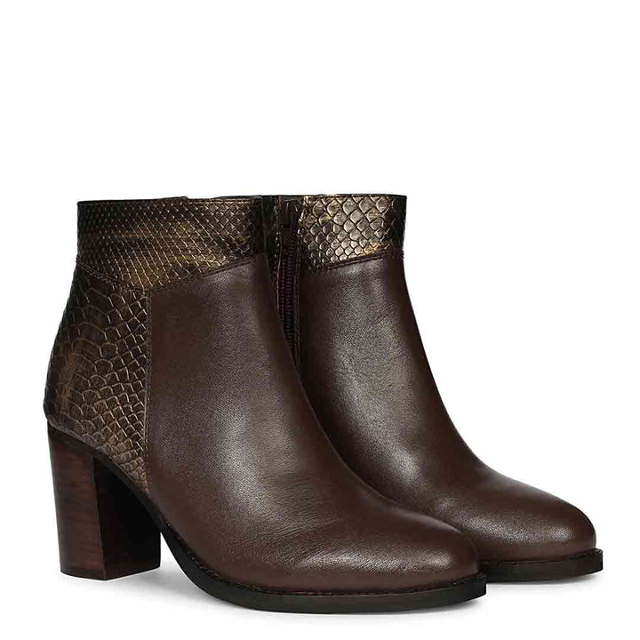 Saint Kendra Brown Leather Gold Croc-Embossed Ankle Boots