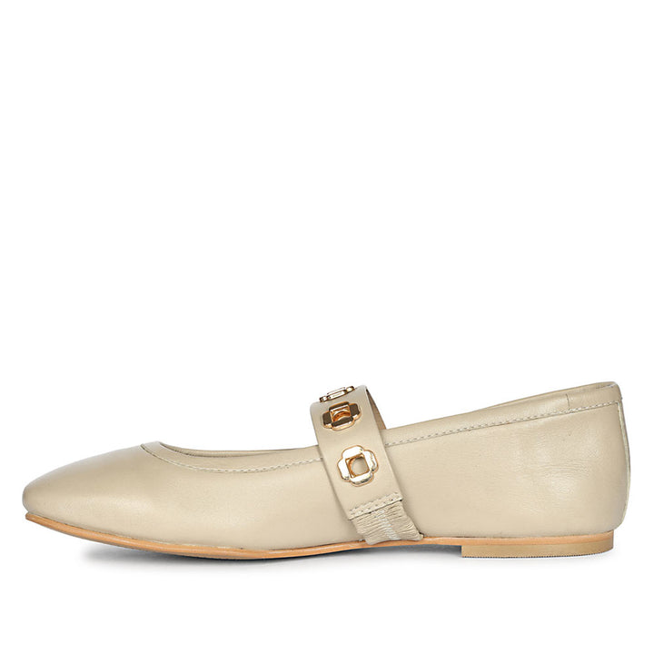 Saint Olwen Flower Eyelets Beige Leather Ballet Flats