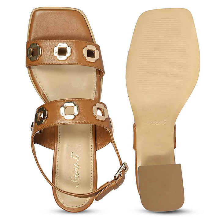 Saint Alviera Gold Flower Eyelets Tan Leather Block Heels