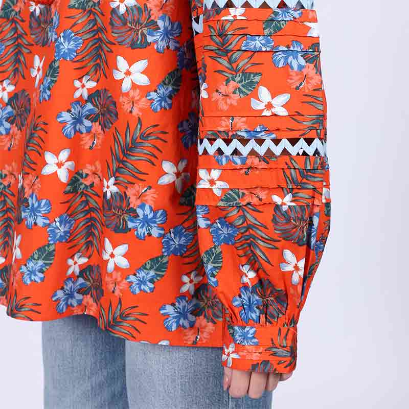 Saint Womens Orange Multicolour Cotton Poplin Top