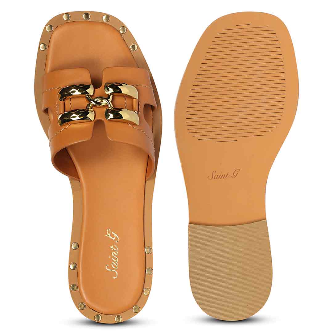 Saint Tan Leather Pyramid Stud Slides