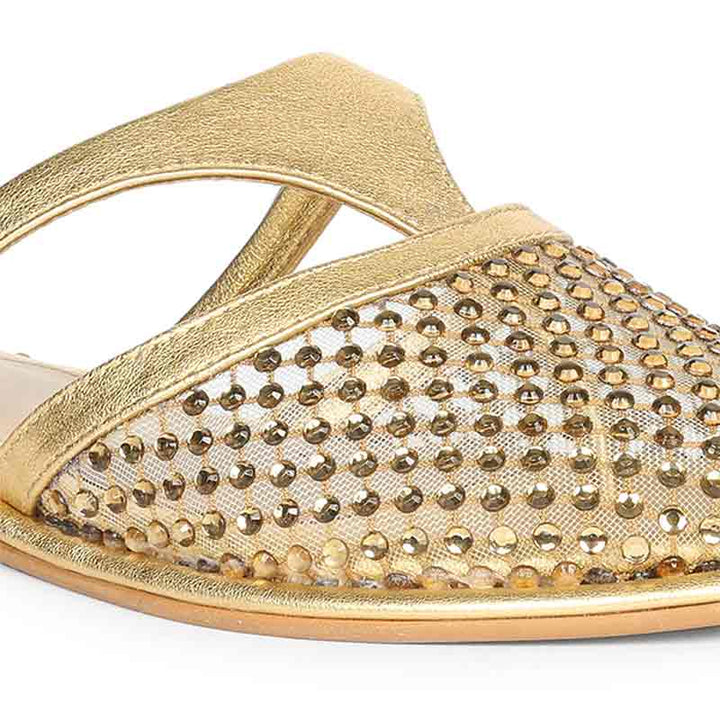 Saint Nerissa Crystal Mesh Gold Leather Mule Flats
