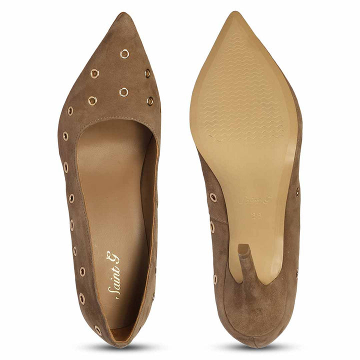Saint Remi Eyelet Embellished Beige Suede Leather Pumps