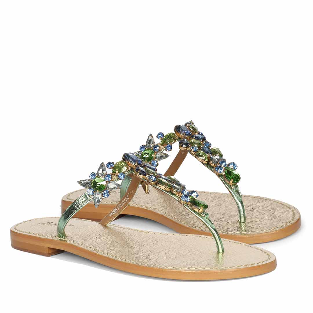 Saint Fleur Multi Stone Metallic Green Leather Flats