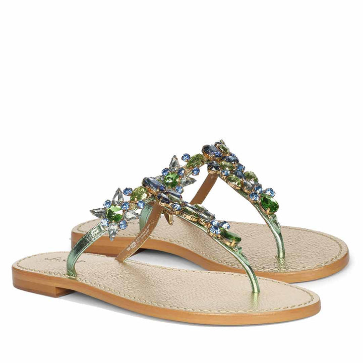 Saint Fleur Multi Stone Metallic Green Leather Flats