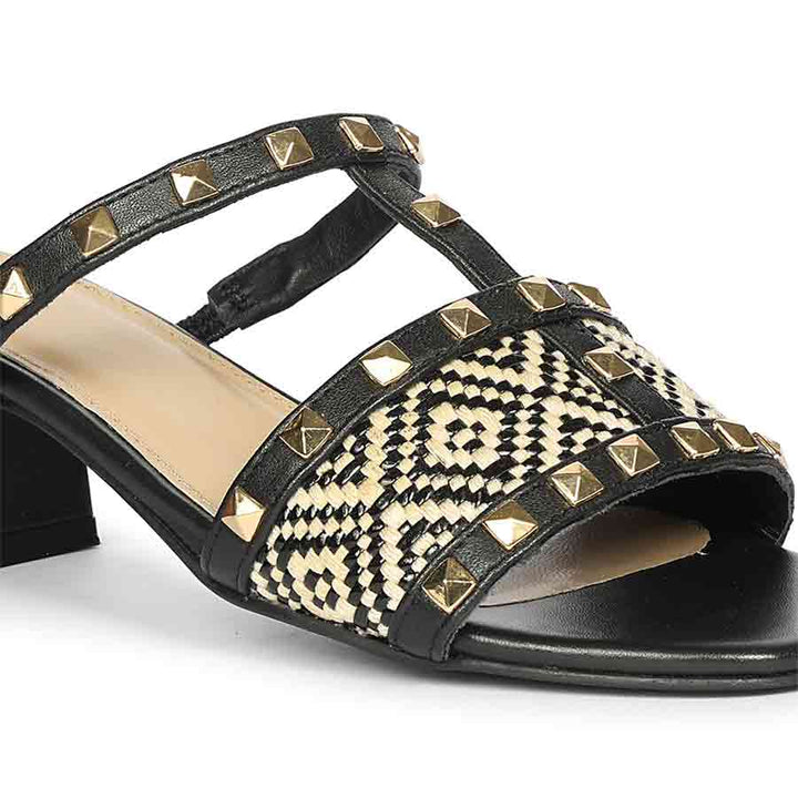 Saint Zafira Pyramid Stud Raffia Black Leather Block Heels