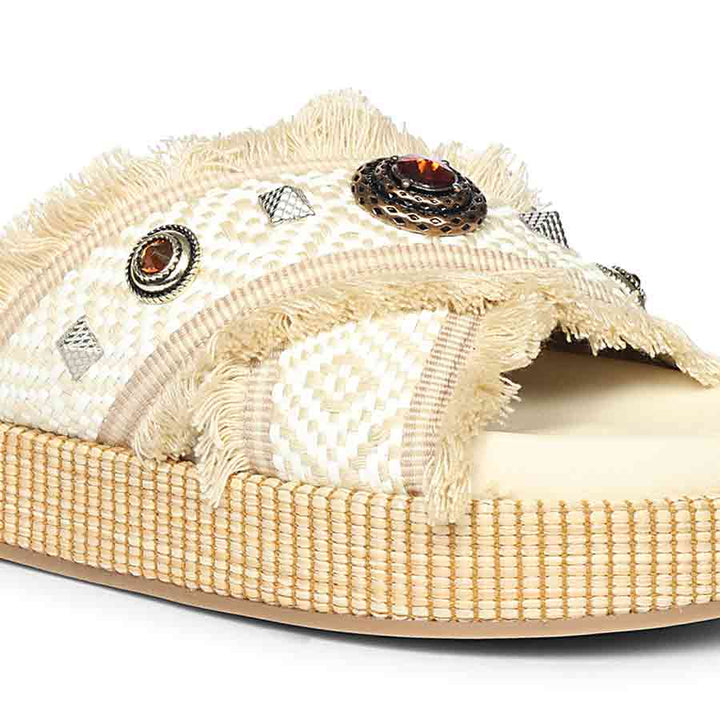 Saint Lenora Raffia Fringe Leather Platform Sandals